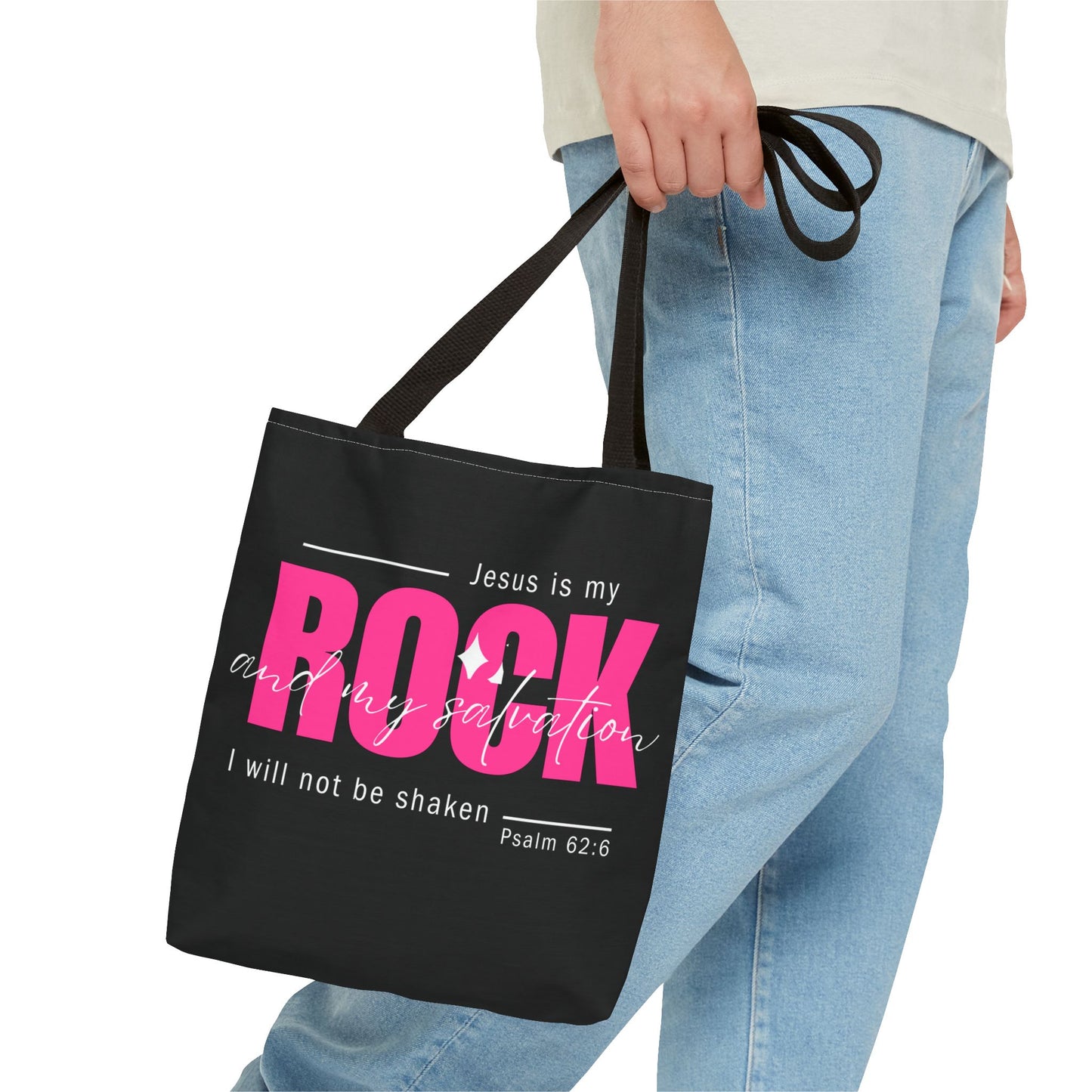 Jesus is My Rock, Black Tote Bag