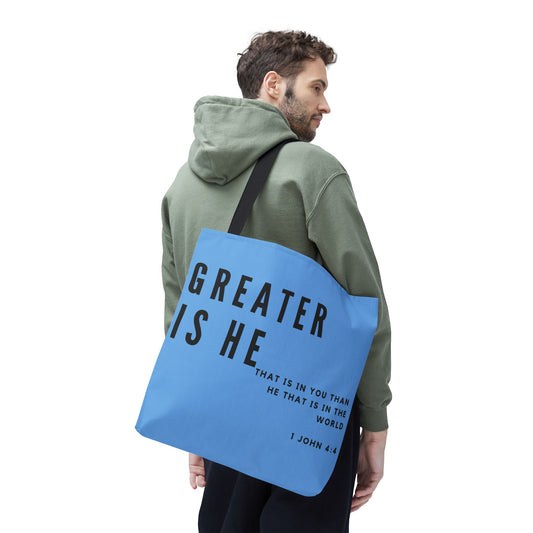 Greater is He that is in You Turquoise Tote Bag